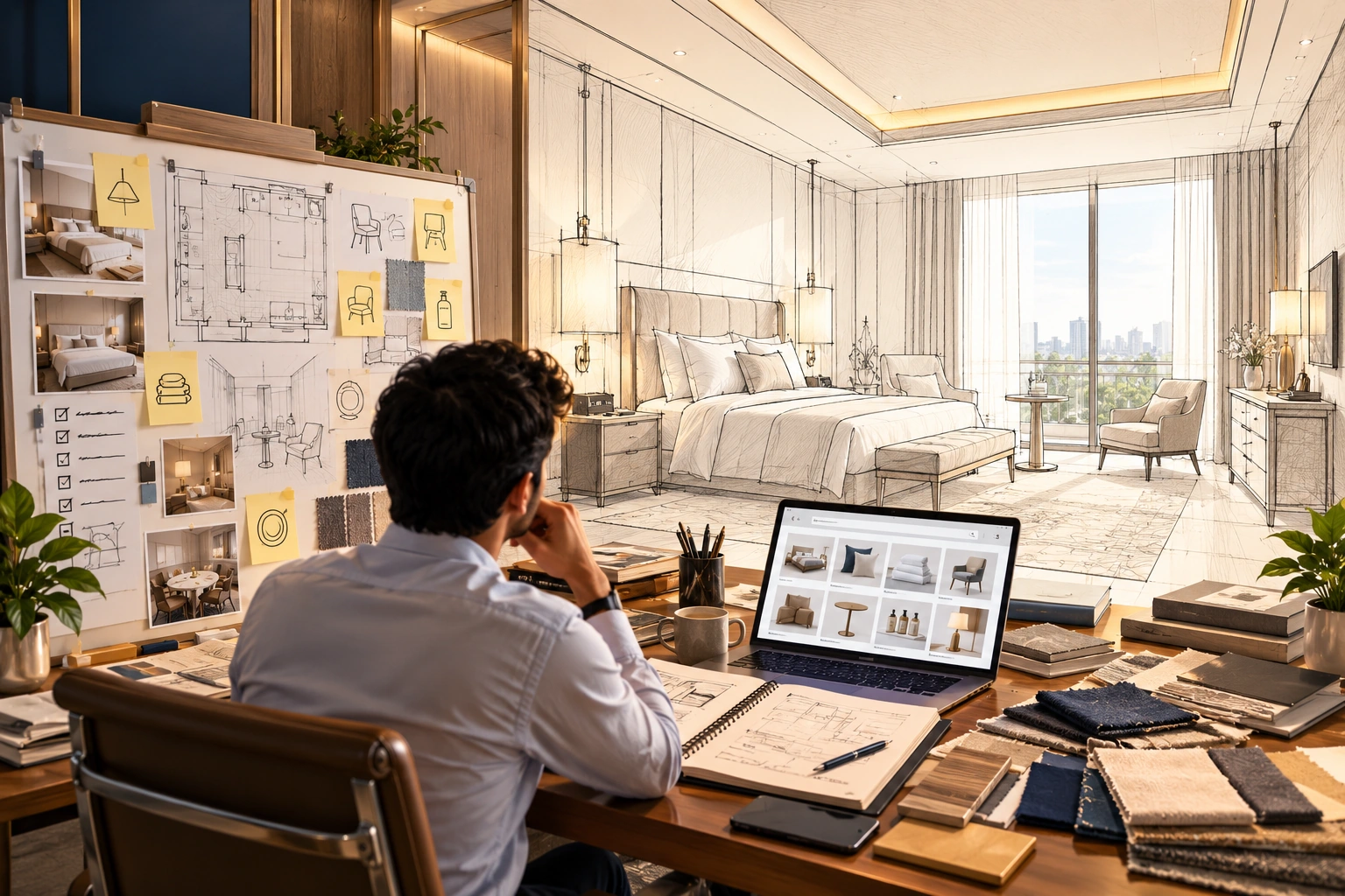 Hospitality setup planning workspace with room sketches, samples and product sourcing