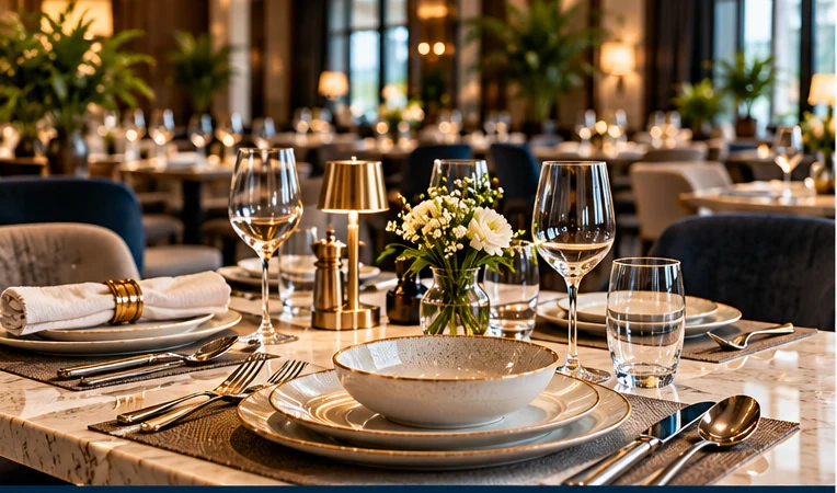 Restaurant table setting with crockery, glassware and cutlery