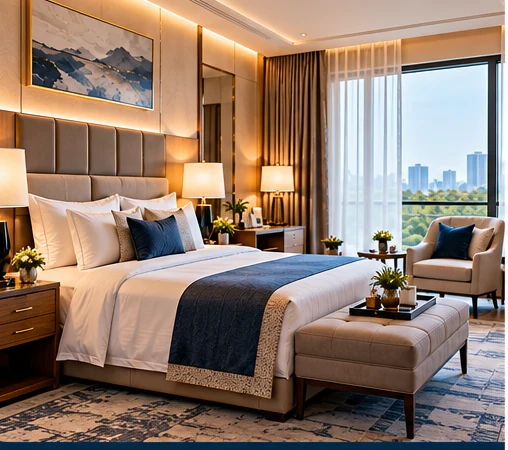 Hotel room setup with hospitality products